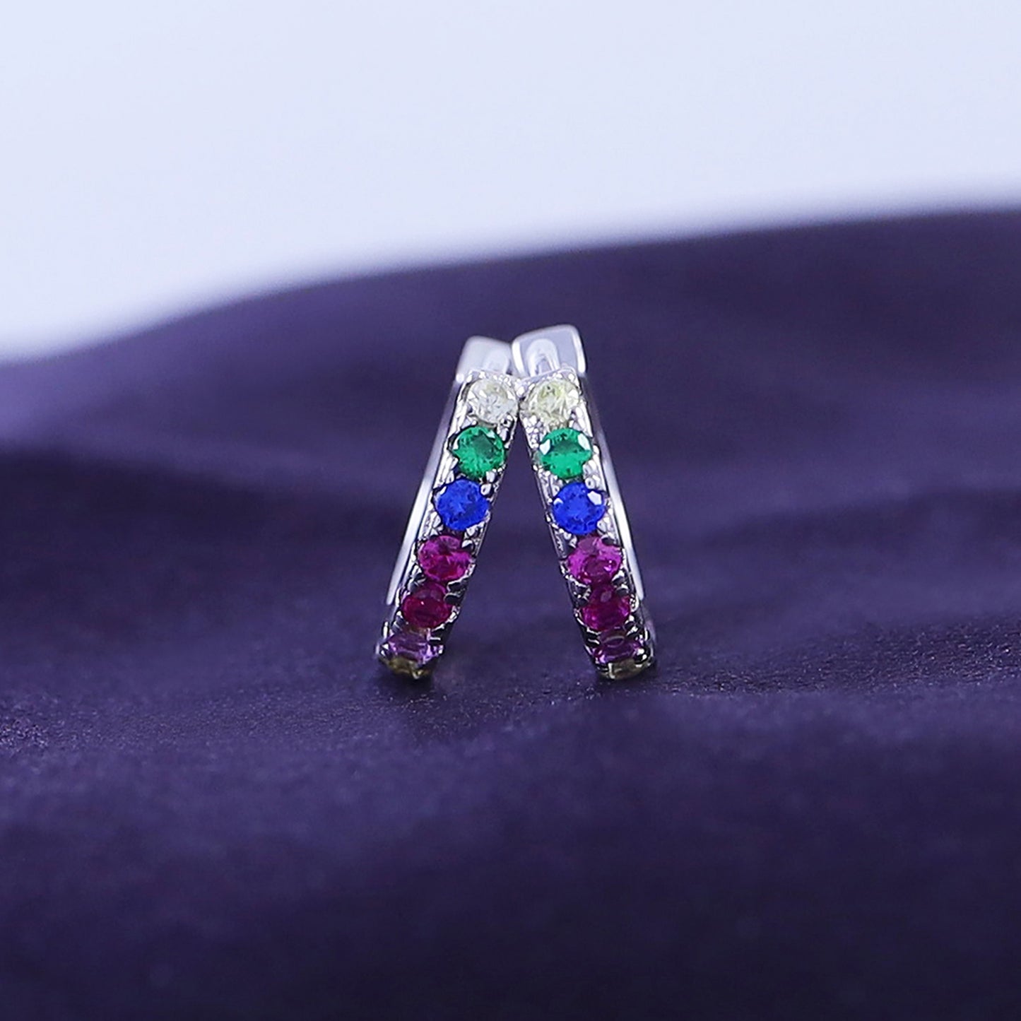 Colourful Rainbow Cubic Zirconia Round Small Tiny Hoop Earrings In 14K White Gold Plated 925 Sterling Silver