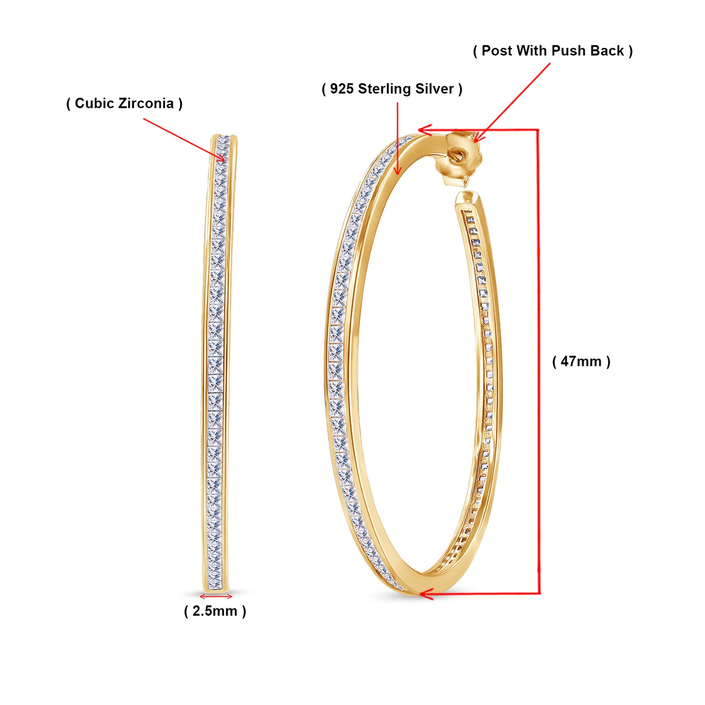 Large Hoop Earrings for Women, Princess Shape Sparkling White Cubic Zirconia Big Circle Hoops Earrings In 14K Gold Over Sterling Silver Hypoallergenic Jewelry for Sensitive Ears