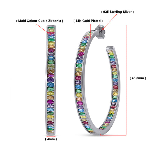 Rainbow Hoop Earrings for Women, 925 Sterling Silver Post Multi-Color Cubic Zirconia 14K Gold Plated Inside-Out Big Circle Hoops Earrings Jewelry Gifts for Women Sensitive Ears