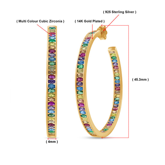 Rainbow Hoop Earrings for Women, 925 Sterling Silver Post Multi-Color Cubic Zirconia 14K Gold Plated Inside-Out Big Circle Hoops Earrings Jewelry Gifts for Women Sensitive Ears