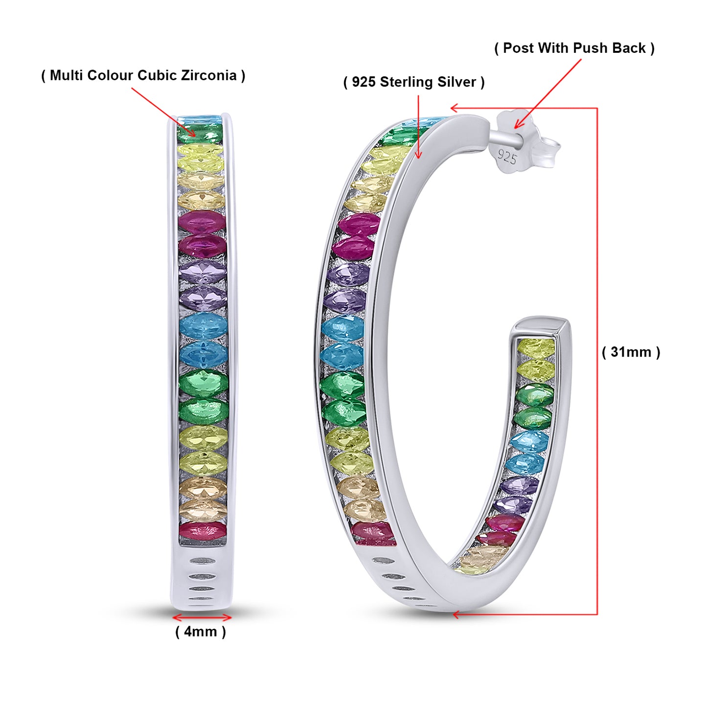 Rainbow Hoop Earrings for Women, Multi-Color Cubic Zirconia Inside-Outside Large Big Hoop Earrings, Hypoallergenic Jewelry for Sensitive Ears In 14K Gold Plated 925 Sterling Silver