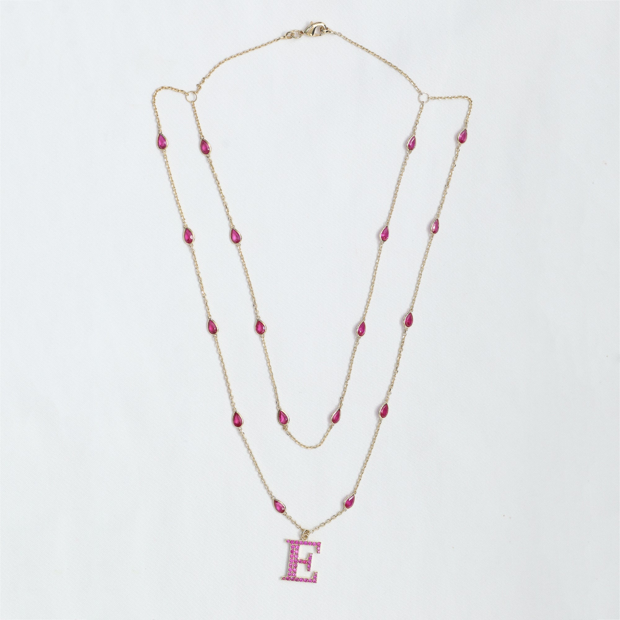 Personalized Initial Letter " E " Station Necklace In Ruby Lab Grown Gemstone