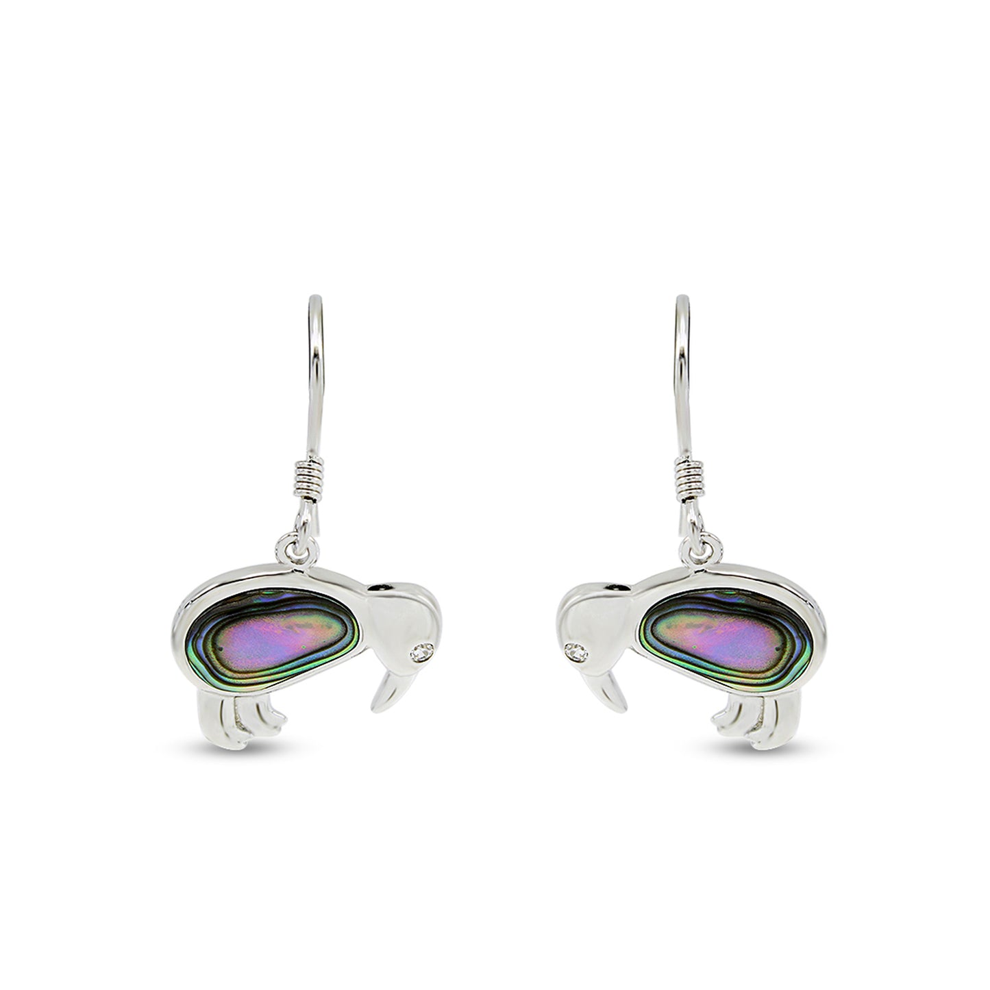 Abalone Shell Animal (Kiwi Bird, Cat and Seahorse) Dangle Earrings In 14K White Gold Over Sterling Silver