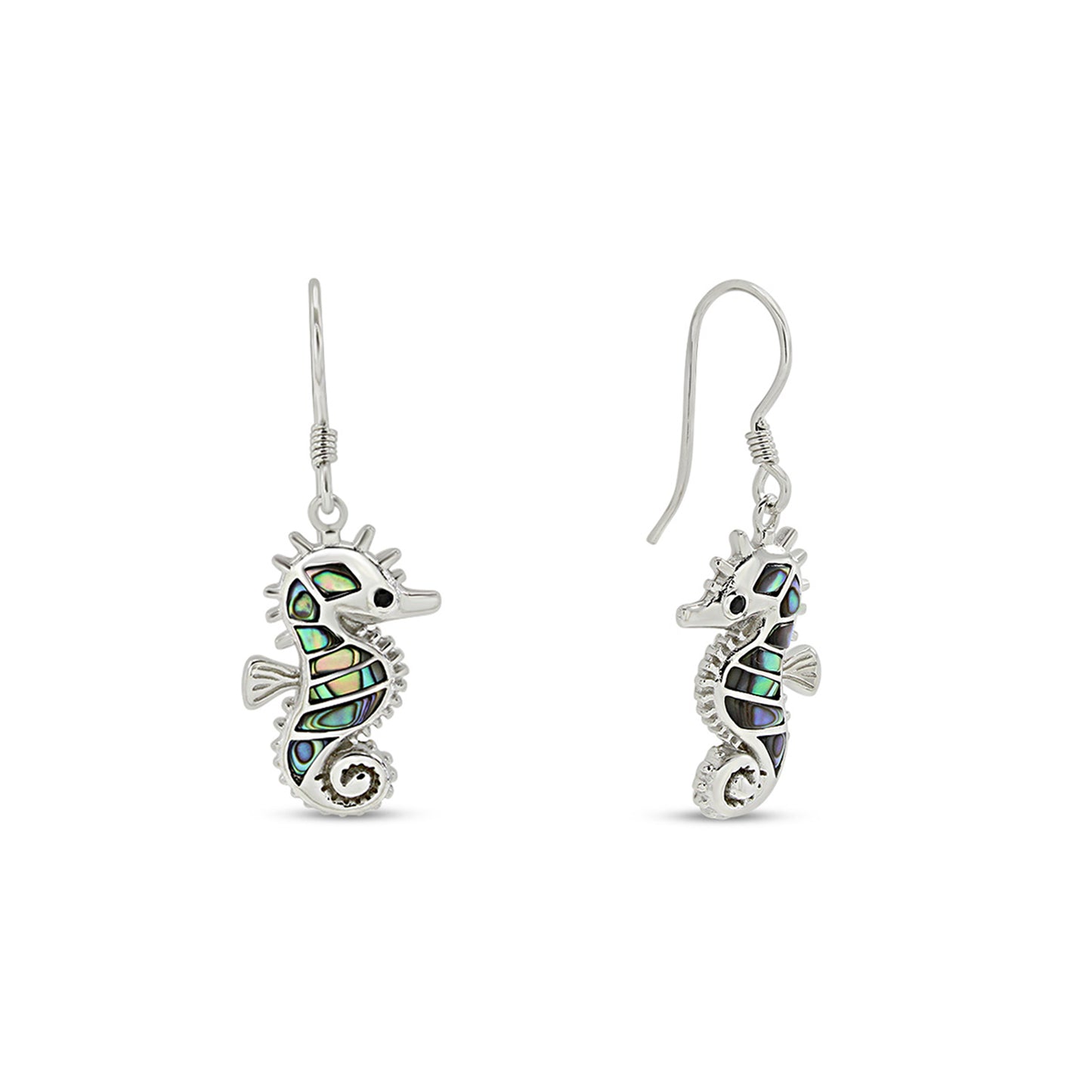 Abalone Shell Animal (Kiwi Bird, Cat and Seahorse) Dangle Earrings In 14K White Gold Over Sterling Silver