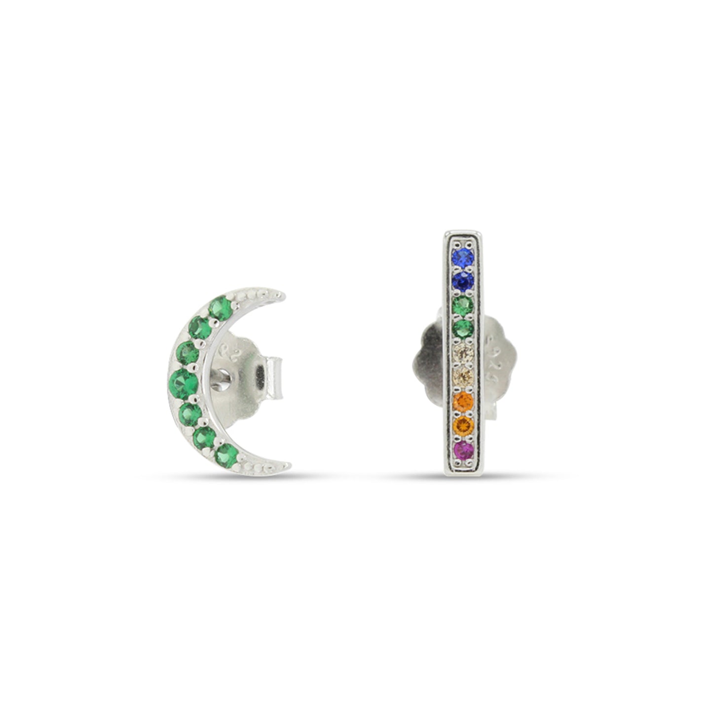 Colourful Rainbow Cubic Zirconia Tiny Dainty Moon with Cuff Stud Earrings For Women In 14K Gold Plated 925 Sterling Silver