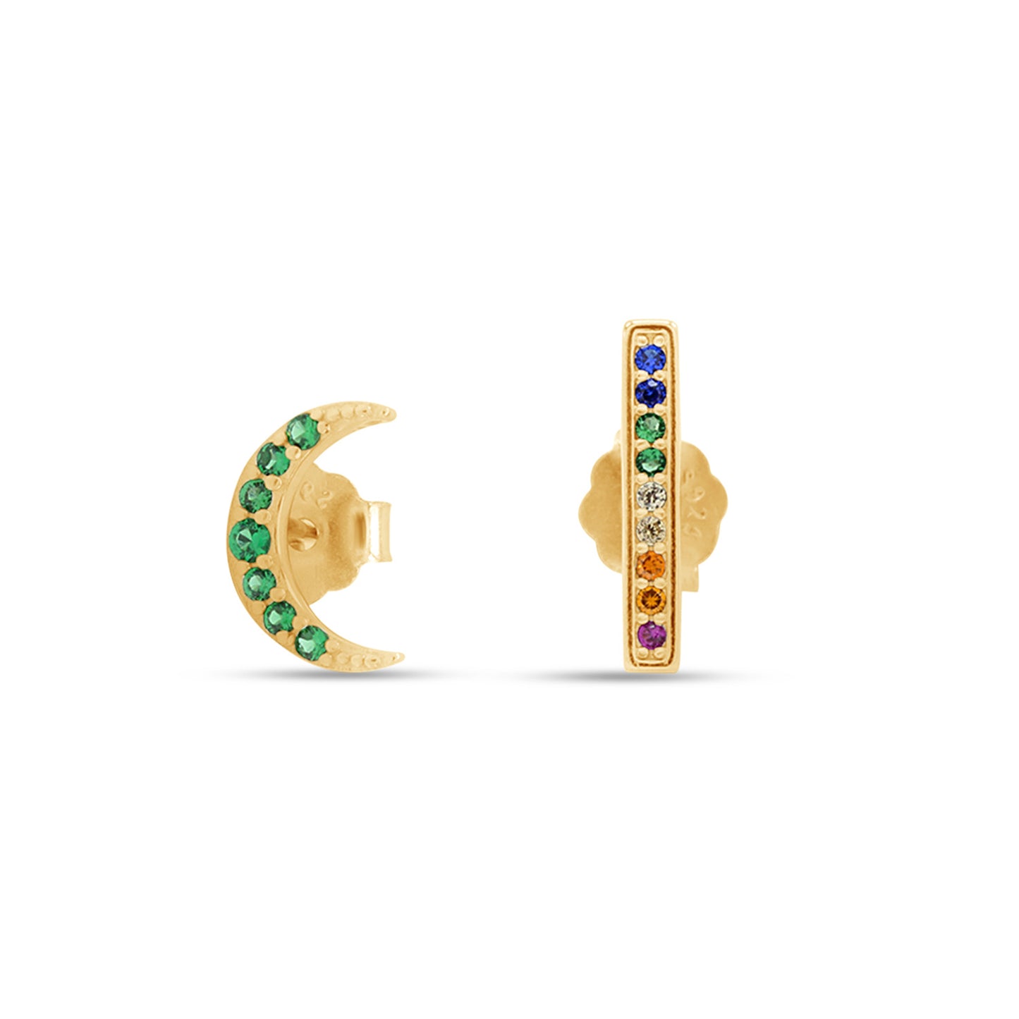 Colourful Rainbow Cubic Zirconia Tiny Dainty Moon with Cuff Stud Earrings For Women In 14K Gold Plated 925 Sterling Silver