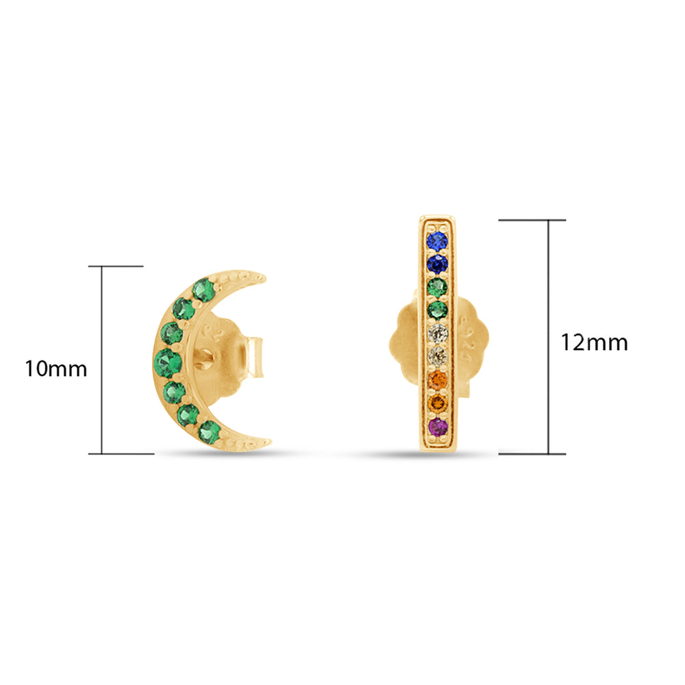 
                      
                        Colourful Rainbow Cubic Zirconia Tiny Dainty Moon with Cuff Stud Earrings For Women In 14K Gold Plated 925 Sterling Silver
                      
                    