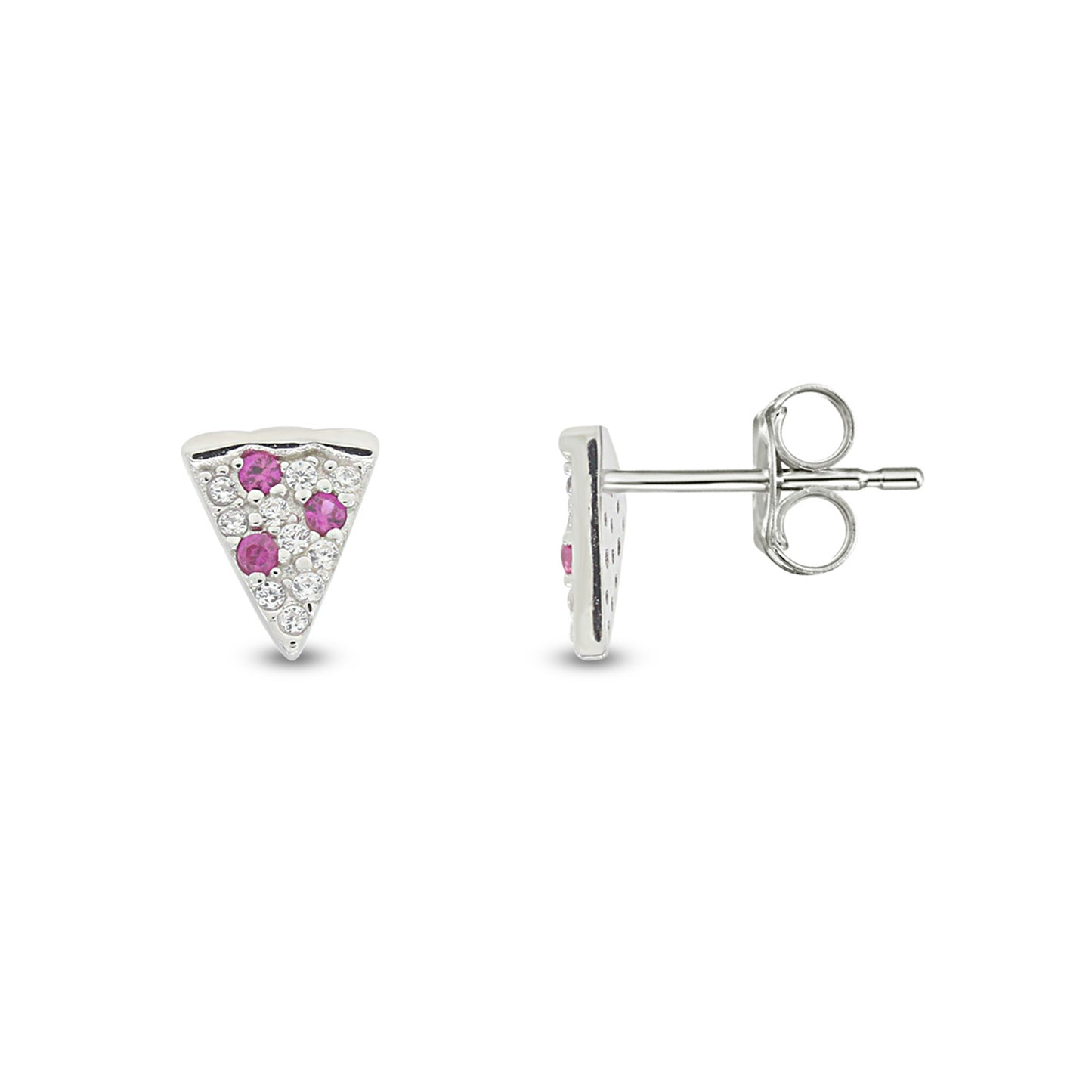 Round Simulated Ruby & Cubic Zirconia Tiny Dainty Pizza Stud Earrings For Women In 14K White Gold Plated 925 Sterling Silver