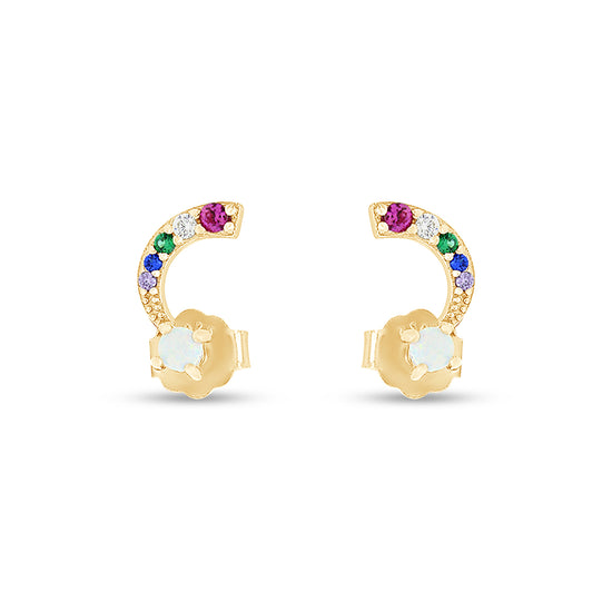 Load image into Gallery viewer, Colourful Rainbow Cubic Zirconia &amp;amp; Synthetic Opal Tiny Dainty Stud Earrings For Women In 14K Gold Plated 925 Sterling Silver

