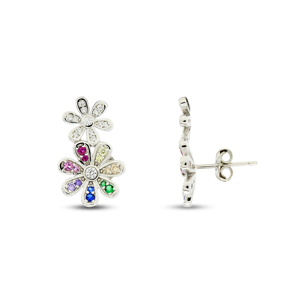 Colourful Rainbow Cubic Zirconia Tiny Dainty Daisy Flower Stud Earrings For Women In 14K Gold Plated 925 Sterling Silver