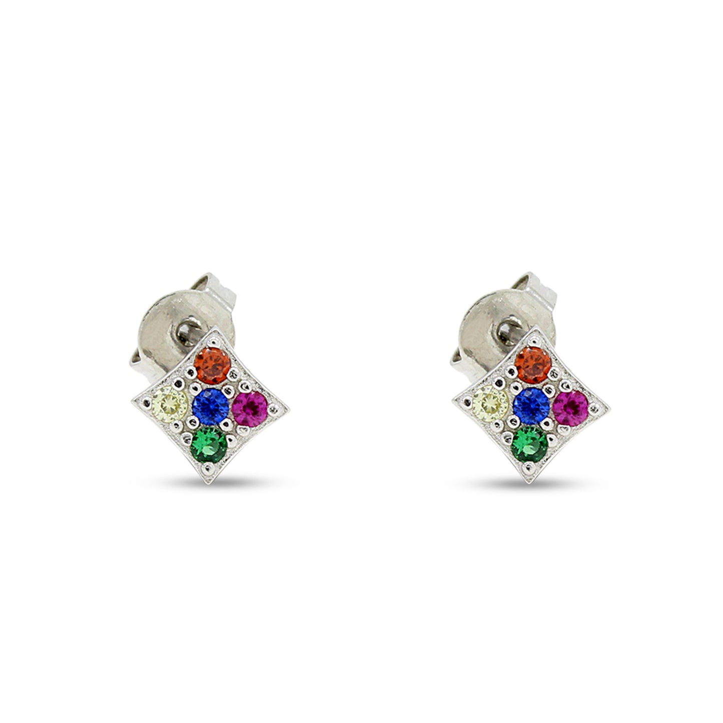 Colourful Rainbow Cubic Zirconia Tiny Dainty Geometric Frame Stud Earrings For Women In 14K Gold Plated 925 Sterling Silver