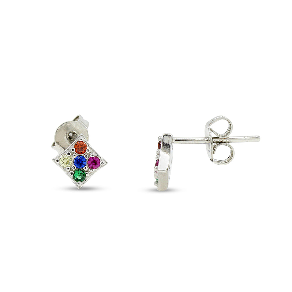 Colourful Rainbow Cubic Zirconia Tiny Dainty Geometric Frame Stud Earrings For Women In 14K Gold Plated 925 Sterling Silver