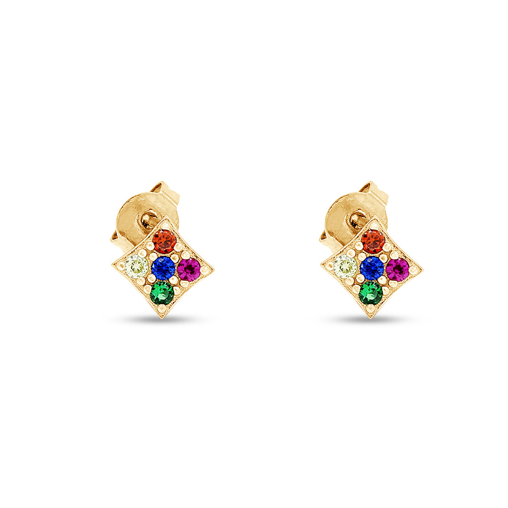 
                      
                        Colourful Rainbow Cubic Zirconia Tiny Dainty Geometric Frame Stud Earrings For Women In 14K Gold Plated 925 Sterling Silver
                      
                    