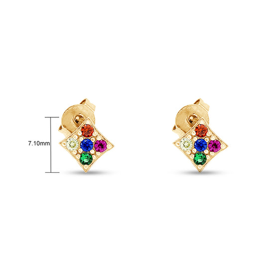 Colourful Rainbow Cubic Zirconia Tiny Dainty Geometric Frame Stud Earrings For Women In 14K Gold Plated 925 Sterling Silver