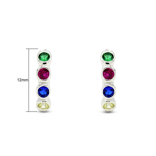 Round Colourful Rainbow Cubic Zirconia Bezel Set Hoop Earrings For Women In 14K White Gold Plated 925 Sterling Silver