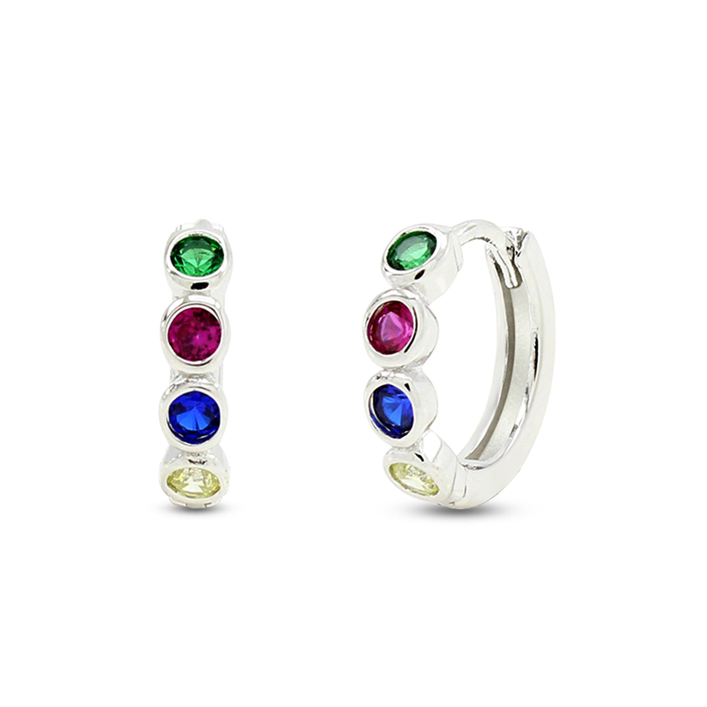 Round Colourful Rainbow Cubic Zirconia Bezel Set Hoop Earrings For Women In 14K White Gold Plated 925 Sterling Silver