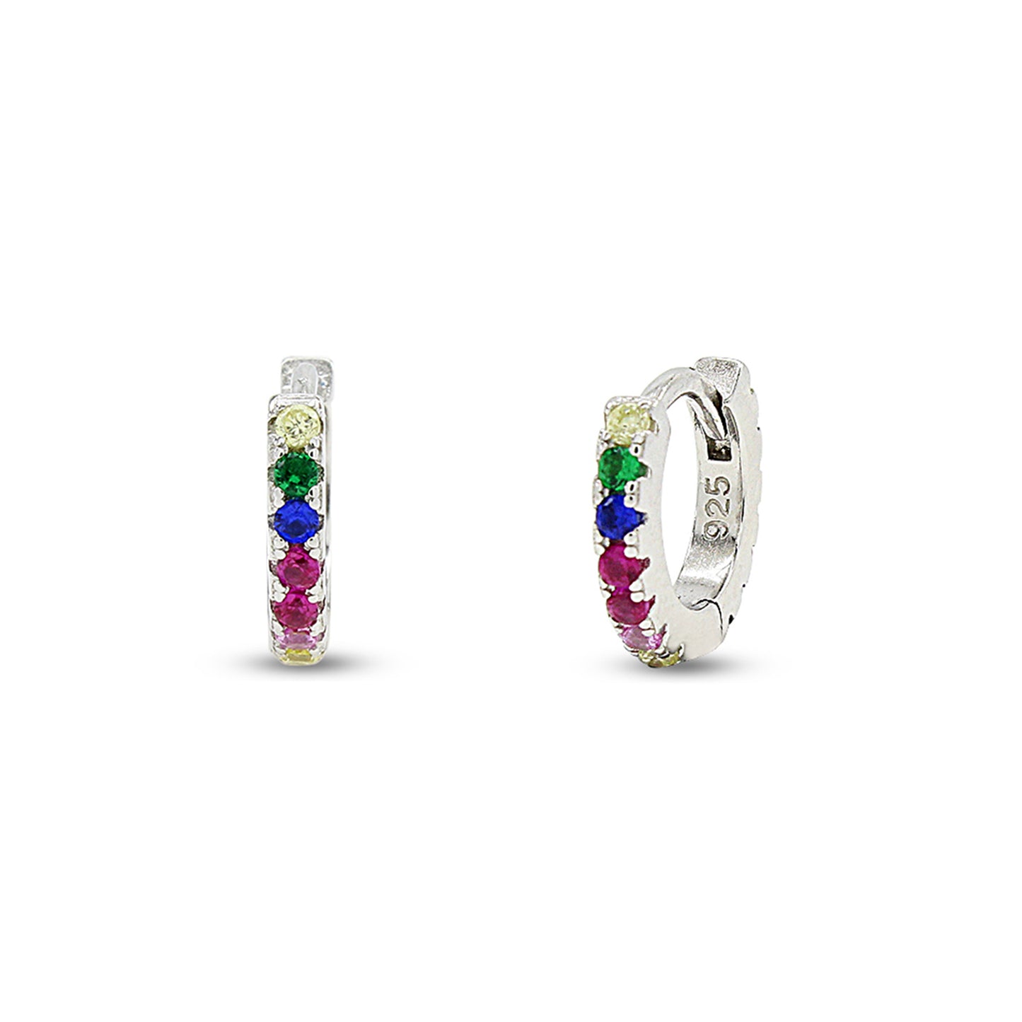 Colourful Rainbow Cubic Zirconia Round Small Tiny Hoop Earrings In 14K White Gold Plated 925 Sterling Silver