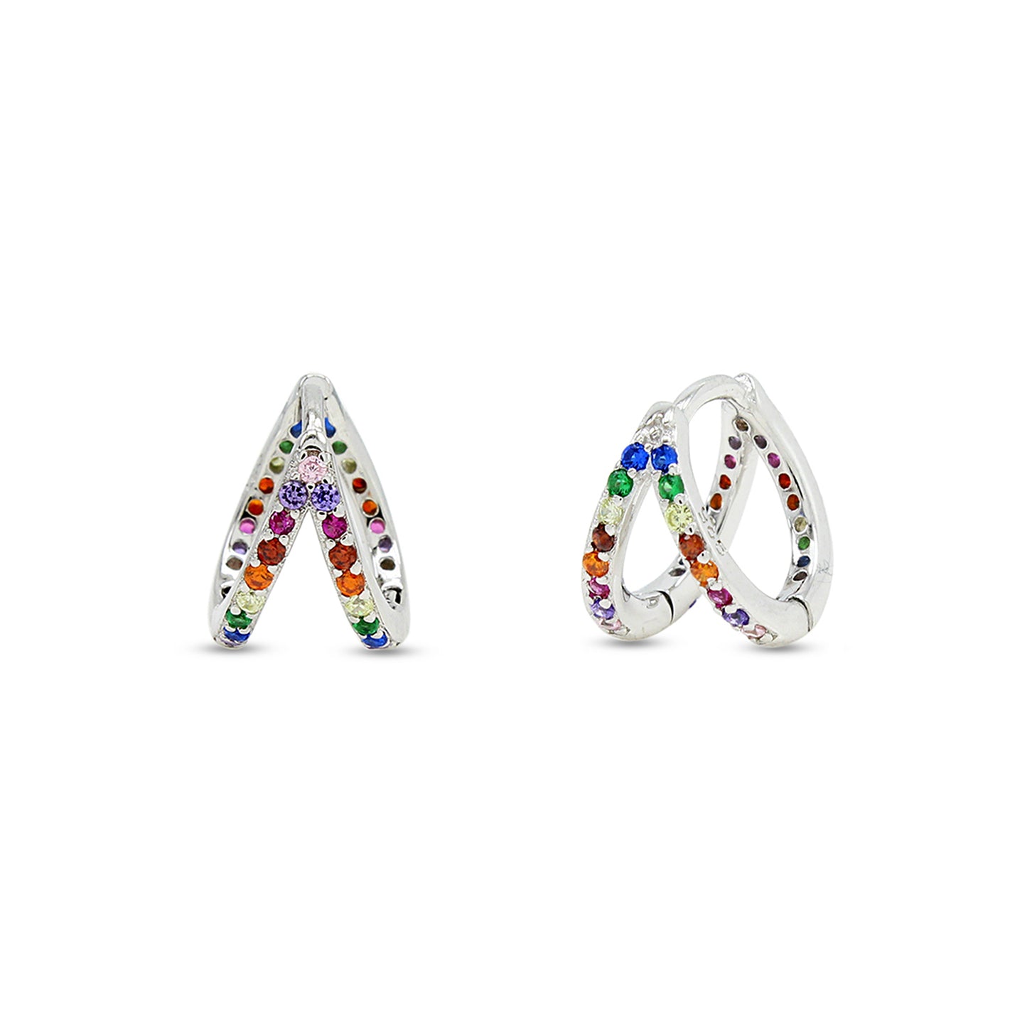 Colourful Rainbow Cubic Zirconia Round Small Tiny Double Row Hoop Earrings In 14K White Gold Plated 925 Sterling Silver