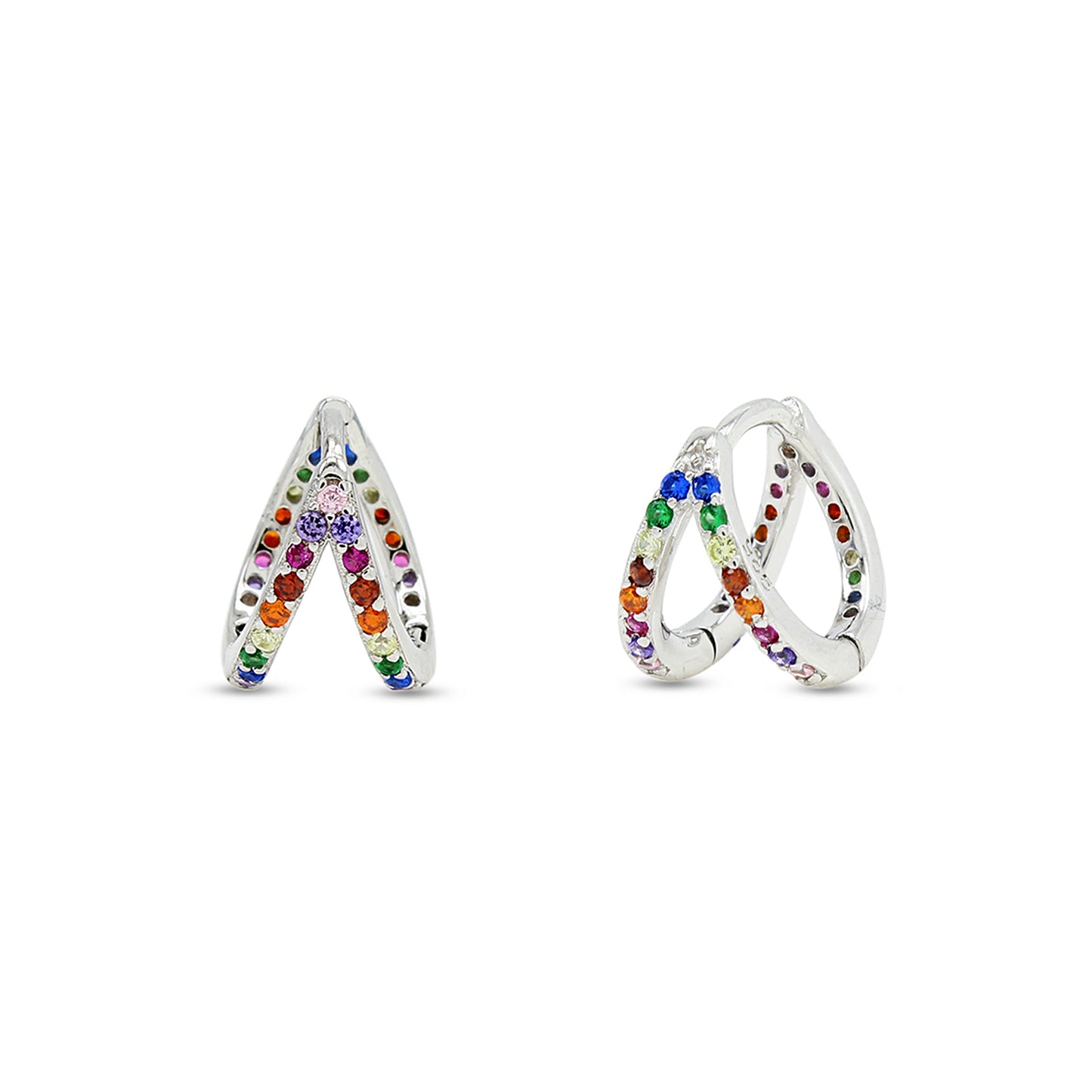 Load image into Gallery viewer, Colourful Rainbow Cubic Zirconia Round Small Tiny Double Row Hoop Earrings In 14K White Gold Plated 925 Sterling Silver
