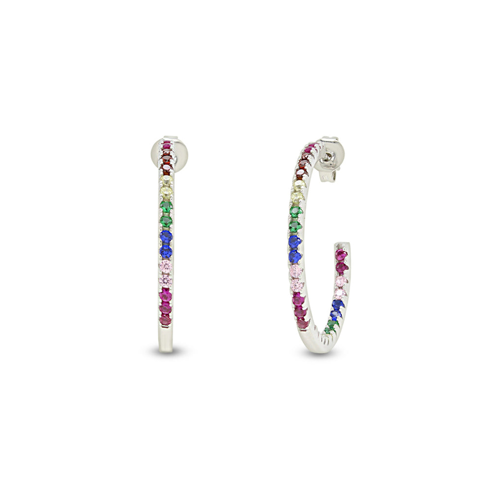 Colourful Rainbow Cubic Zirconia Round Inside-Out Hoop Earrings In 14K White Gold Plated 925 Sterling Silver