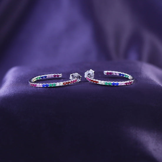 Colourful Rainbow Cubic Zirconia Round Inside-Out Hoop Earrings In 14K White Gold Plated 925 Sterling Silver