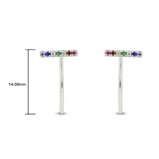 Load image into Gallery viewer, Colourful Rainbow Cubic Zirconia Bar Half Hoop Cuff Stud Earrings For Women In 14K Gold Plated 925 Sterling Silver
