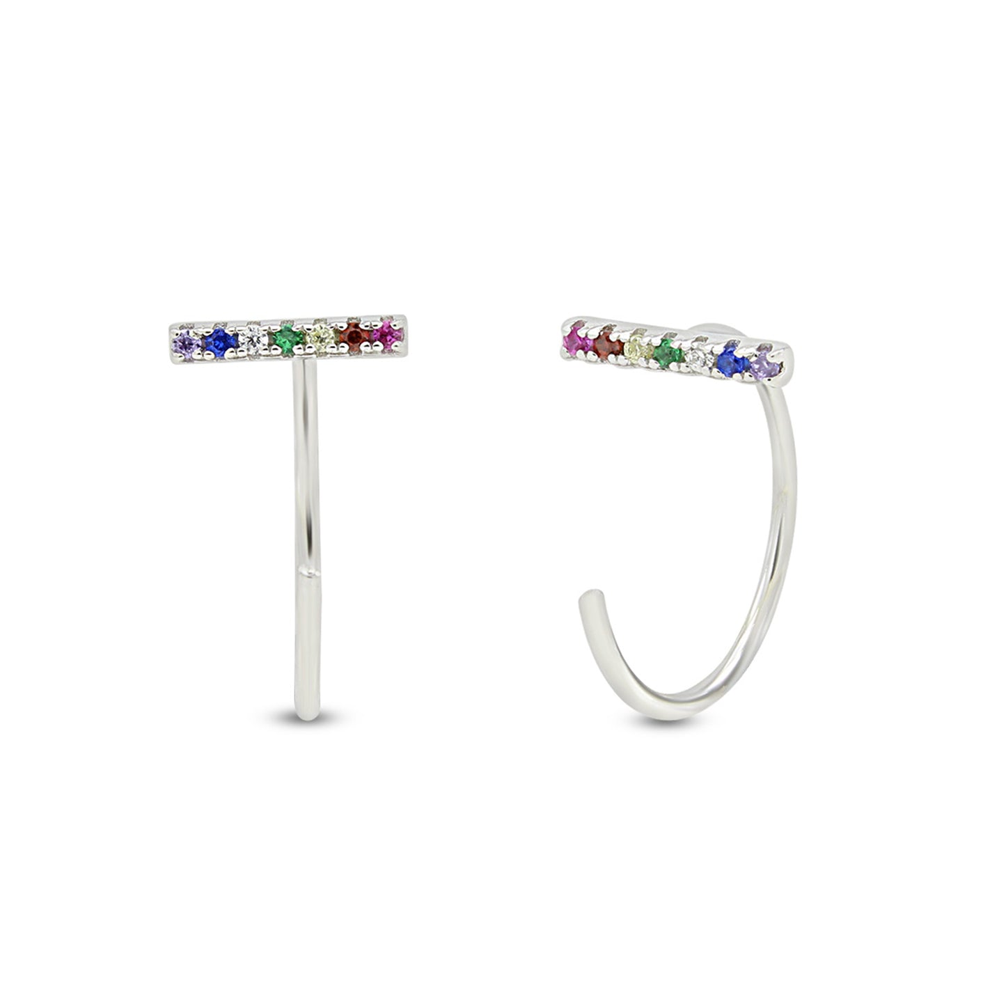 Colourful Rainbow Cubic Zirconia Bar Half Hoop Cuff Stud Earrings For Women In 14K Gold Plated 925 Sterling Silver