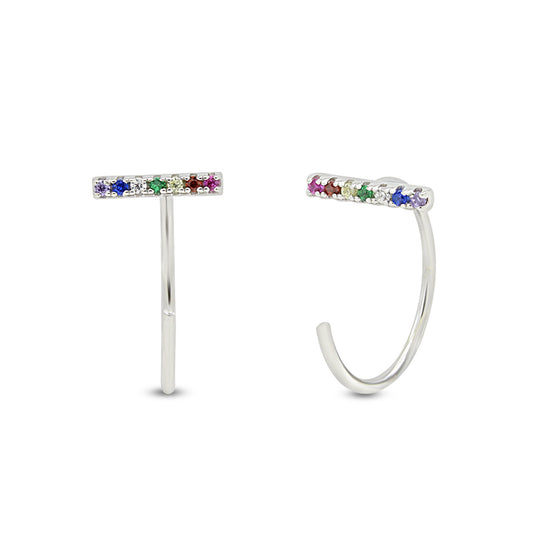 Load image into Gallery viewer, Colourful Rainbow Cubic Zirconia Bar Half Hoop Cuff Stud Earrings For Women In 14K Gold Plated 925 Sterling Silver
