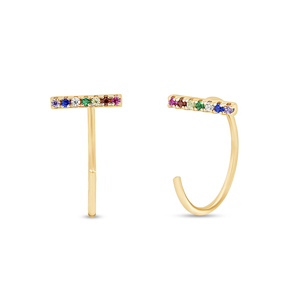 
                      
                        Colourful Rainbow Cubic Zirconia Bar Half Hoop Cuff Stud Earrings For Women In 14K Gold Plated 925 Sterling Silver
                      
                    