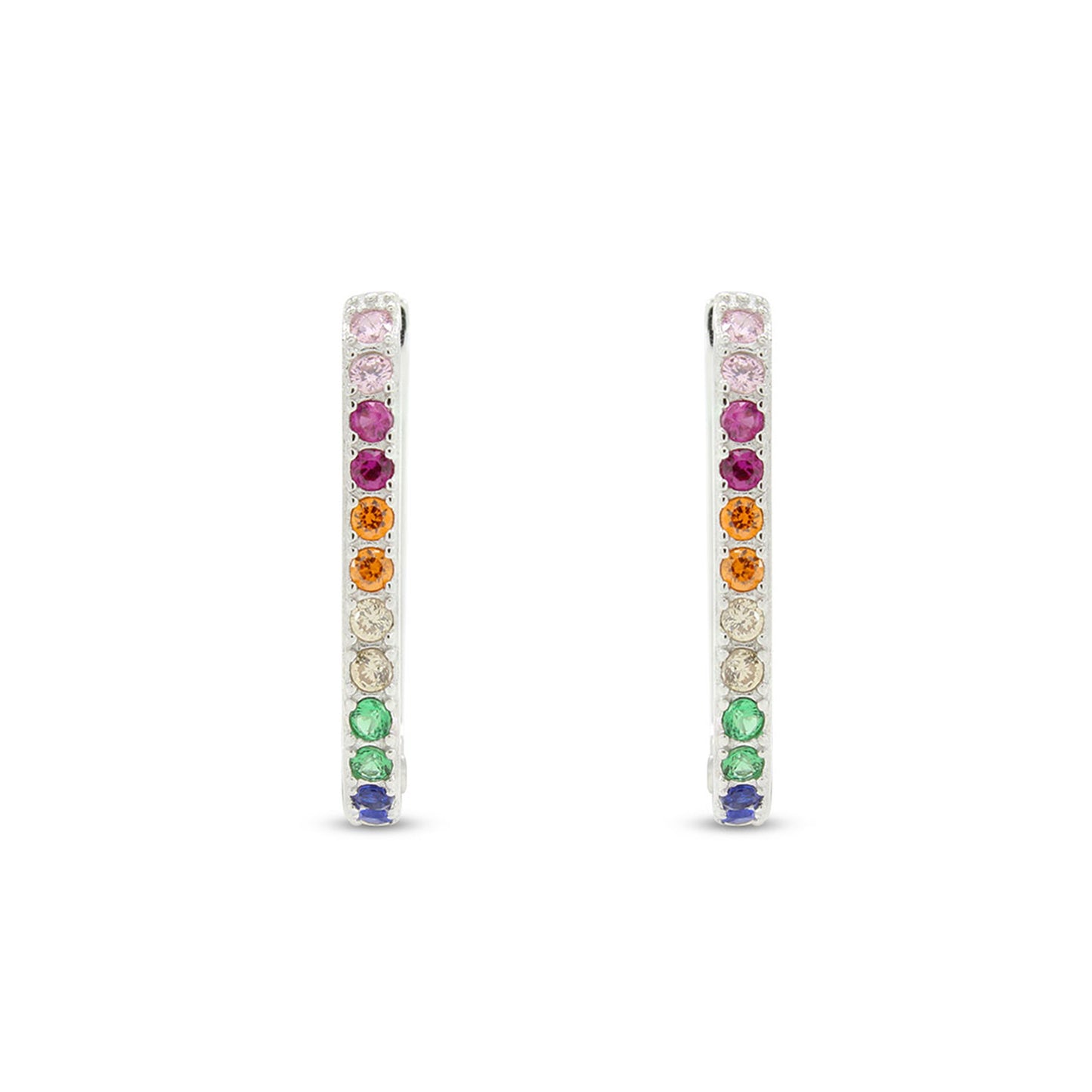Colourful Rainbow Cubic Zirconia Round Hinged Oval Hoop Earrings In 14k White Gold Plated 925 Sterling Silver