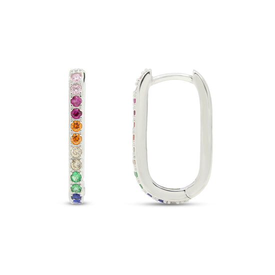 Colourful Rainbow Cubic Zirconia Round Hinged Oval Hoop Earrings In 14k White Gold Plated 925 Sterling Silver