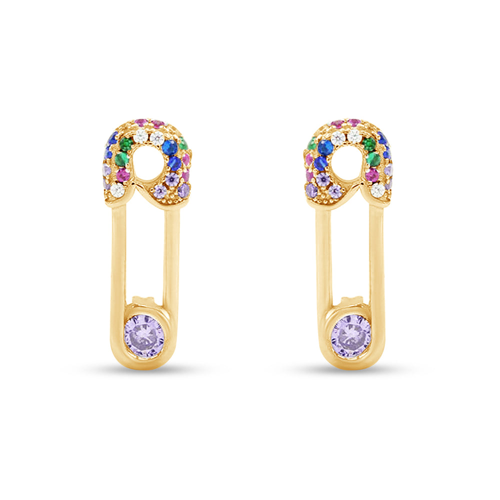 
                      
                        Colourful Rainbow Cubic Zirconia Tiny Dainty Safety Pin Stud Earrings For Women In 14K Gold Plated 925 Sterling Silver
                      
                    