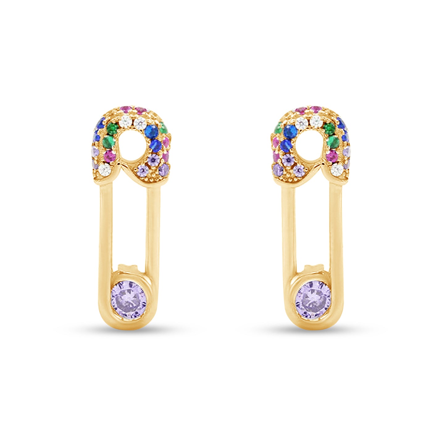 Colourful Rainbow Cubic Zirconia Tiny Dainty Safety Pin Stud Earrings For Women In 14K Gold Plated 925 Sterling Silver