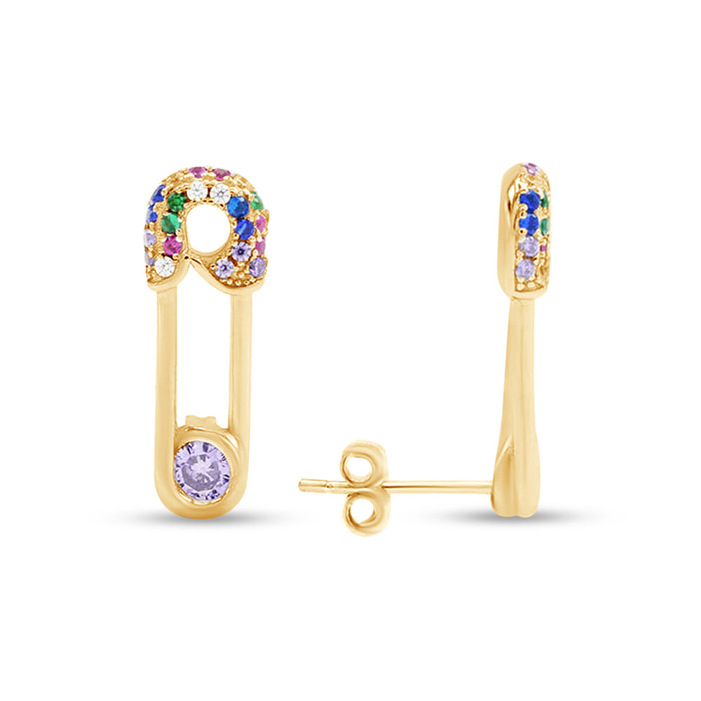 
                      
                        Colourful Rainbow Cubic Zirconia Tiny Dainty Safety Pin Stud Earrings For Women In 14K Gold Plated 925 Sterling Silver
                      
                    