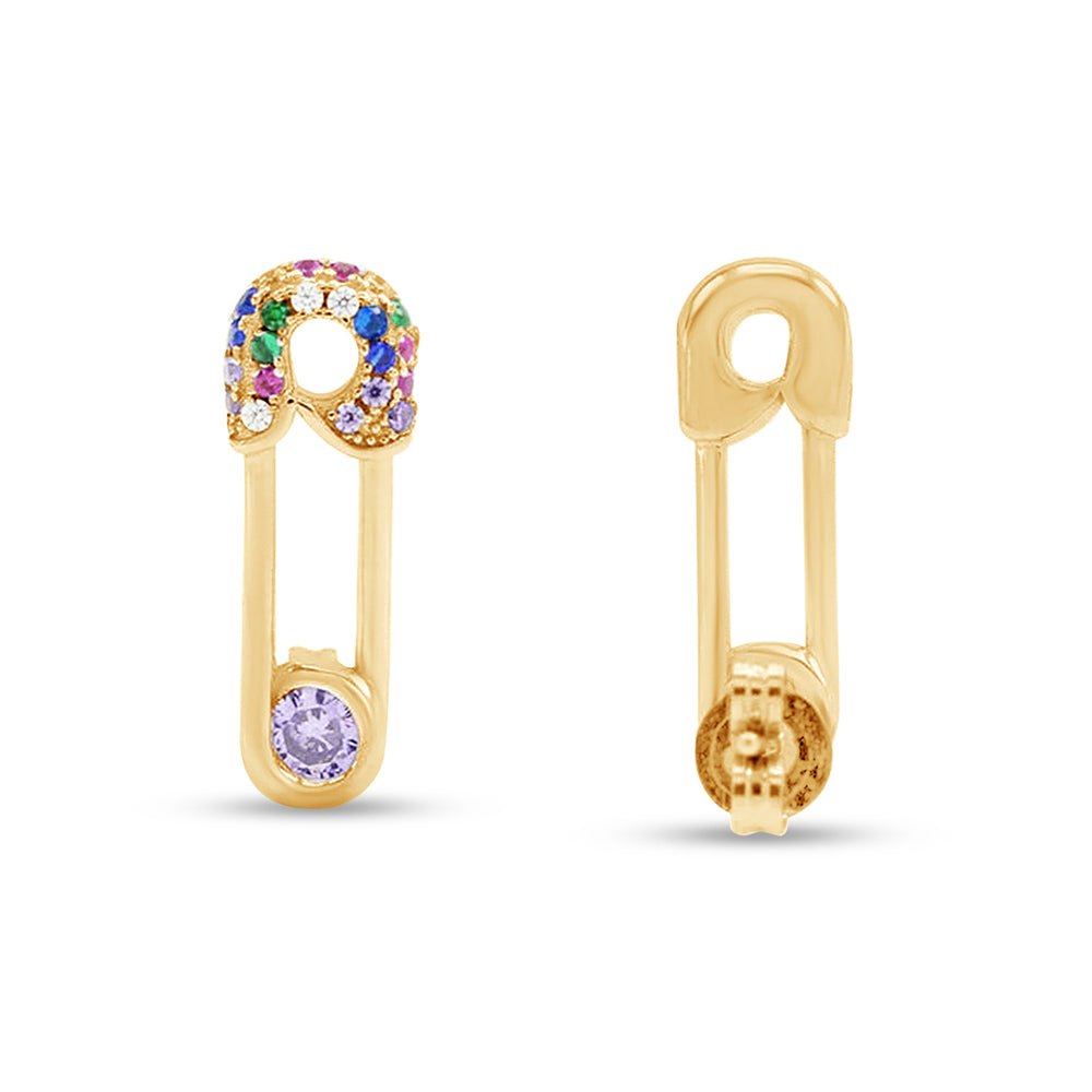 
                      
                        Colourful Rainbow Cubic Zirconia Tiny Dainty Safety Pin Stud Earrings For Women In 14K Gold Plated 925 Sterling Silver
                      
                    