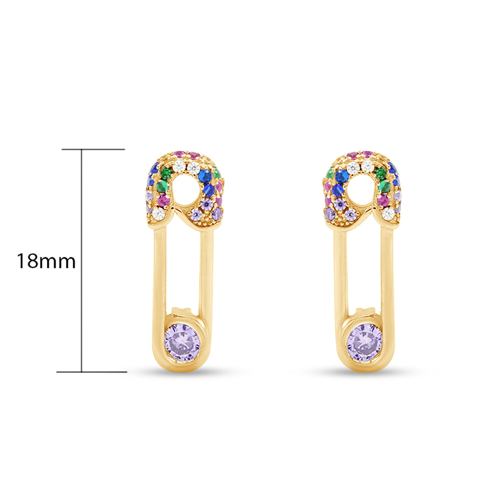 
                      
                        Colourful Rainbow Cubic Zirconia Tiny Dainty Safety Pin Stud Earrings For Women In 14K Gold Plated 925 Sterling Silver
                      
                    