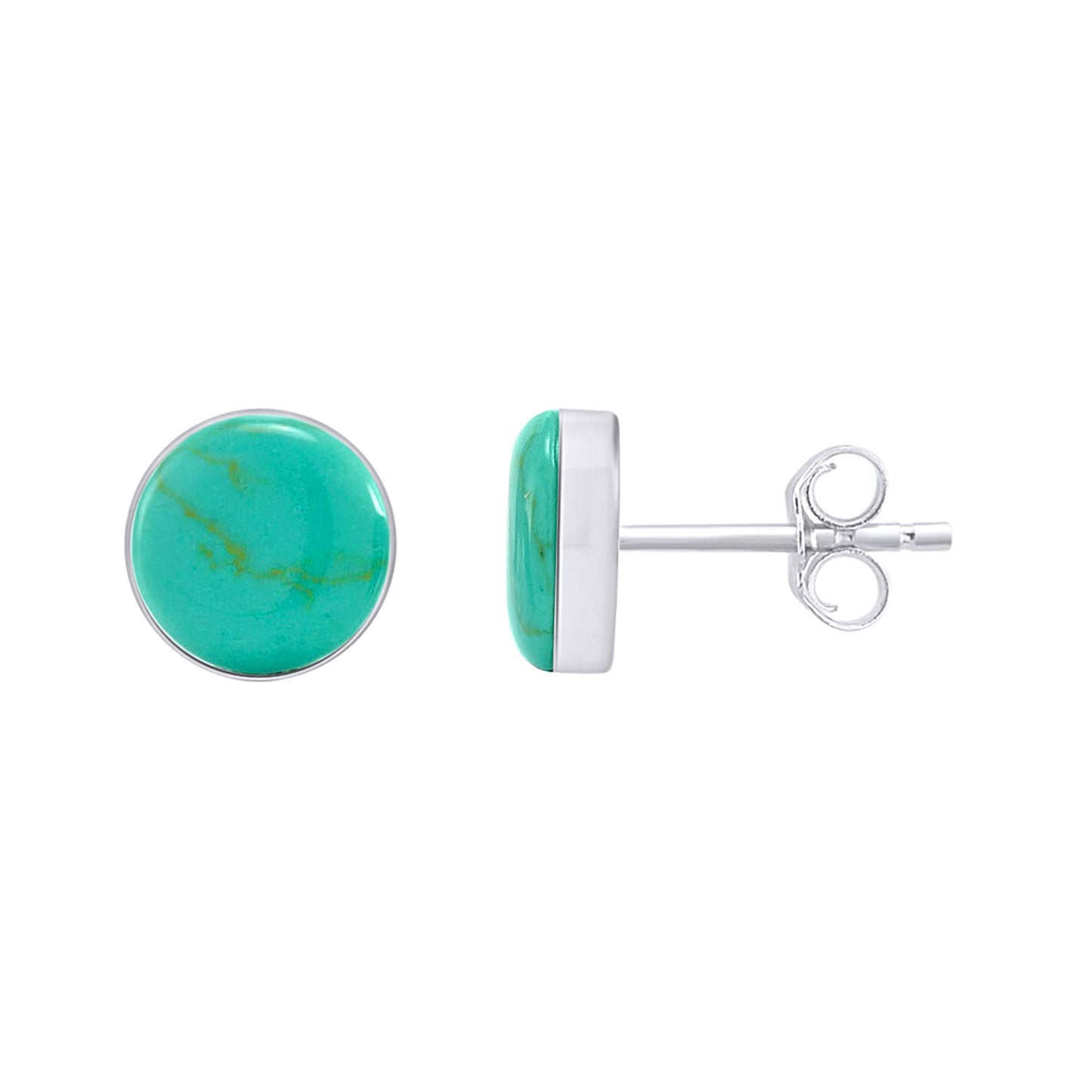 Round Turquoise Bezel Set Dome Button Stud Earrings For Women In 925 Sterling Silver