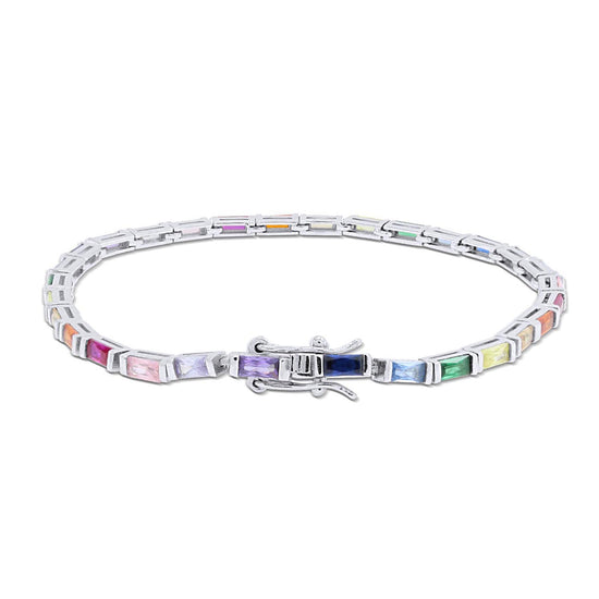 925 Sterling Silver Colourful Rainbow Baguette Sparkling Multi Color Gemstone Tennis Bracelet for Women