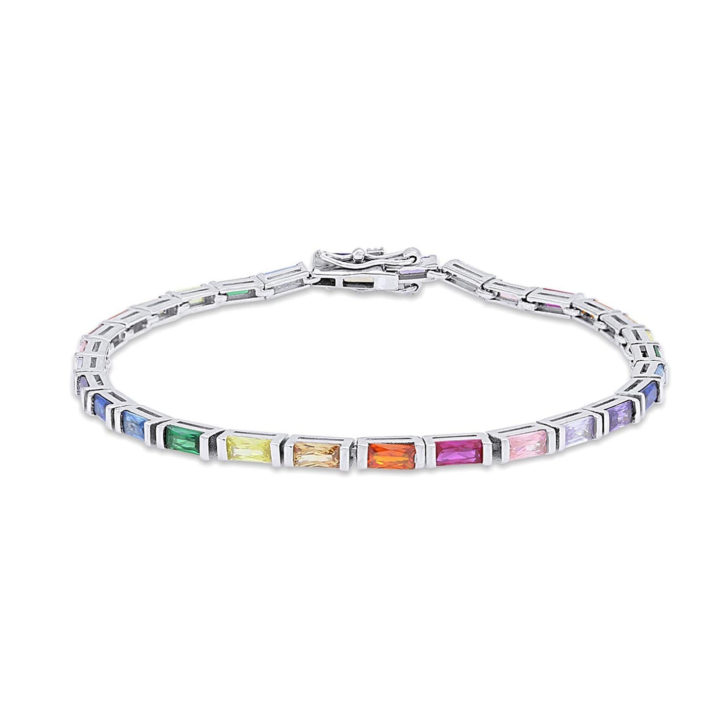 14k White Gold Plated 925 Sterling Silver Colourful Rainbow Baguette Sparkling Multi Color Gemstone Tennis Bracelet Gift For Her