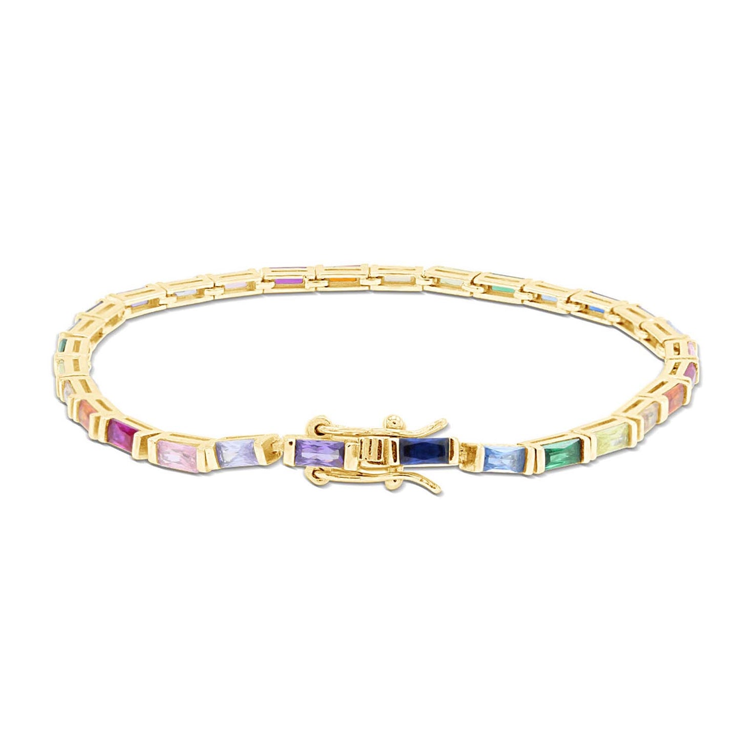 925 Sterling Silver Colourful Rainbow Baguette Sparkling Multi Color Gemstone Tennis Bracelet for Women