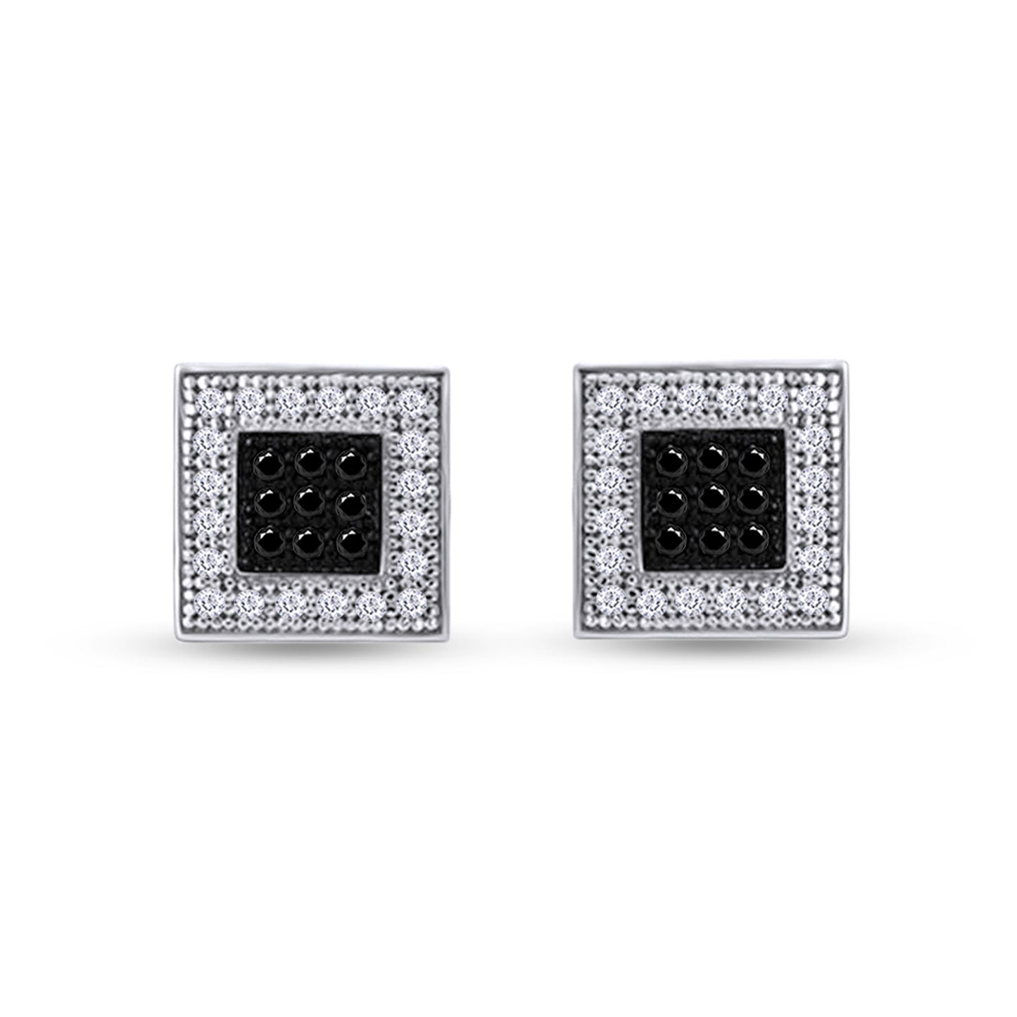 Round Shape Enhanced Black & White Natural Diamond Square Stud Earrings In 10K Solid Gold (0.14Cttw)