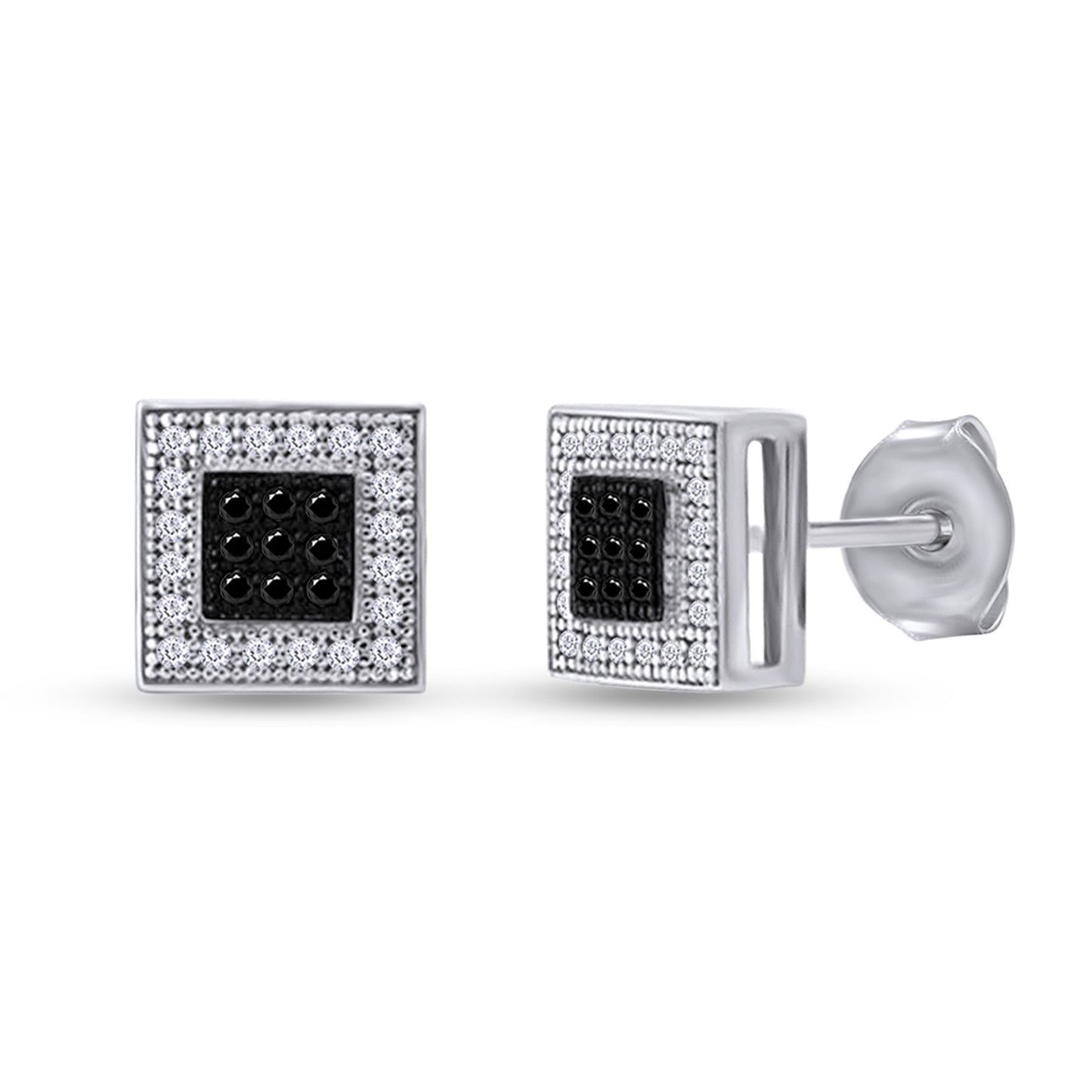 Round Shape Enhanced Black & White Natural Diamond Square Stud Earrings In 10K Solid Gold (0.14Cttw)