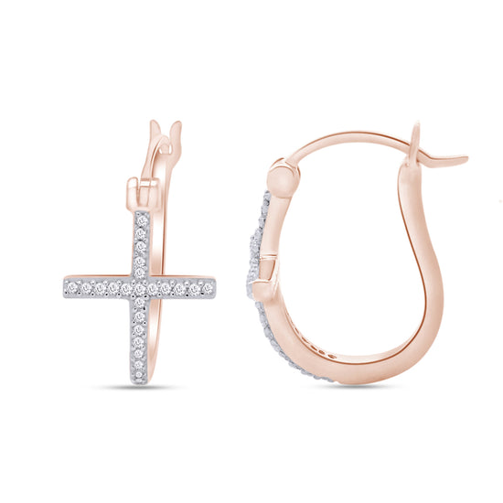 0.14 Carat Round Cut Natural Diamond Cross Hoop Earrings for Women in 10K Solid Gold