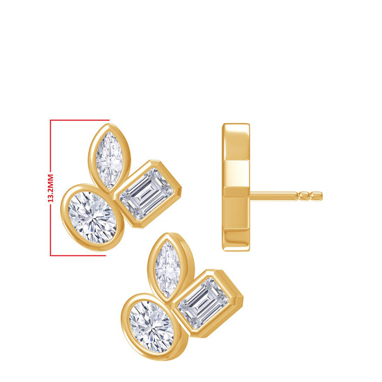 Triple Three Stone Stud Earrings For Women, 1.80 Carat Multi Shape Lab Created Moissanite Diamond 13.2MM Height 3 Leaf Clover Flower Earrings In 10K Solid Gold Jewelry