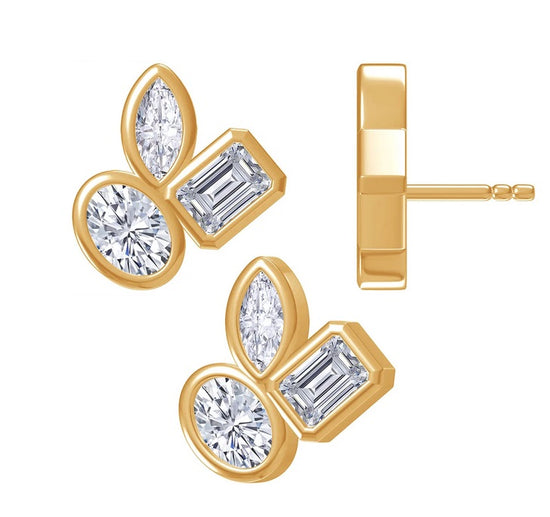 Triple Three Stone Stud Earrings For Women, 1.80 Carat Multi Shape Lab Created Moissanite Diamond 13.2MM Height 3 Leaf Clover Flower Earrings In 10K Solid Gold Jewelry