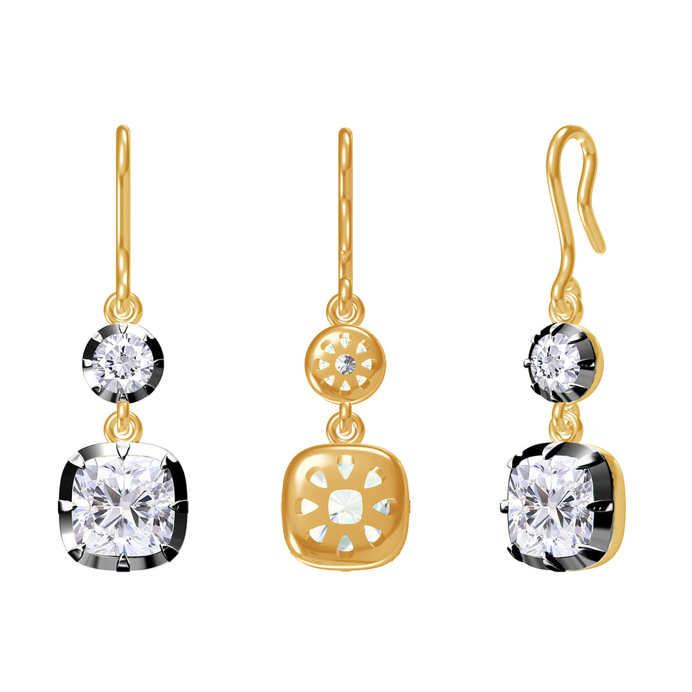 Dangle Drop Earrings For Women, 1.30 Carat Cushion & Round Lab Created Moissanite Diamond In 925 Sterling Silver Two Tone Hanging Drop Earrings