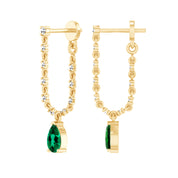 Lab Grown Zambian Green Emerald & White Cubic Zirconia Dangle Drop Chain Earrings