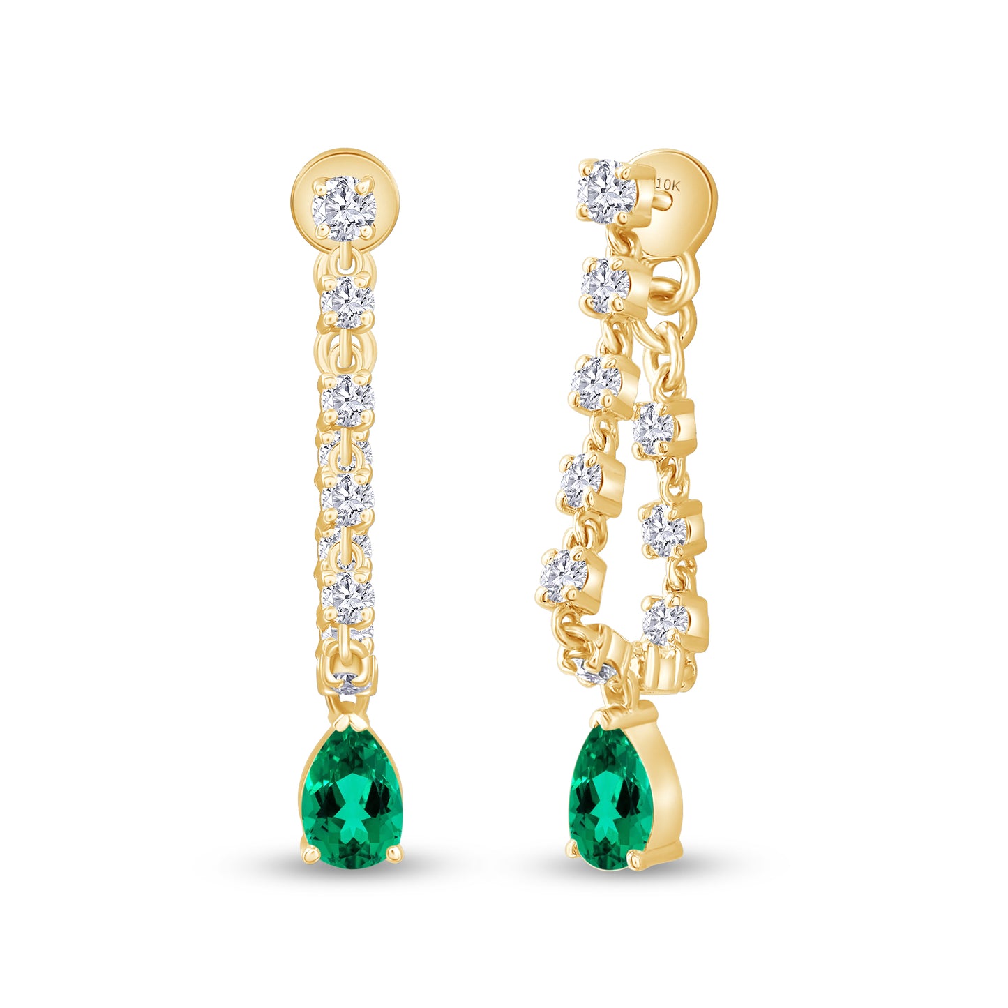 4x6mm Pear Lab Grown Zambian Green Emerald & Moissanite Dangle Drop Chain Earrings, for Women In 10K Solid Gold