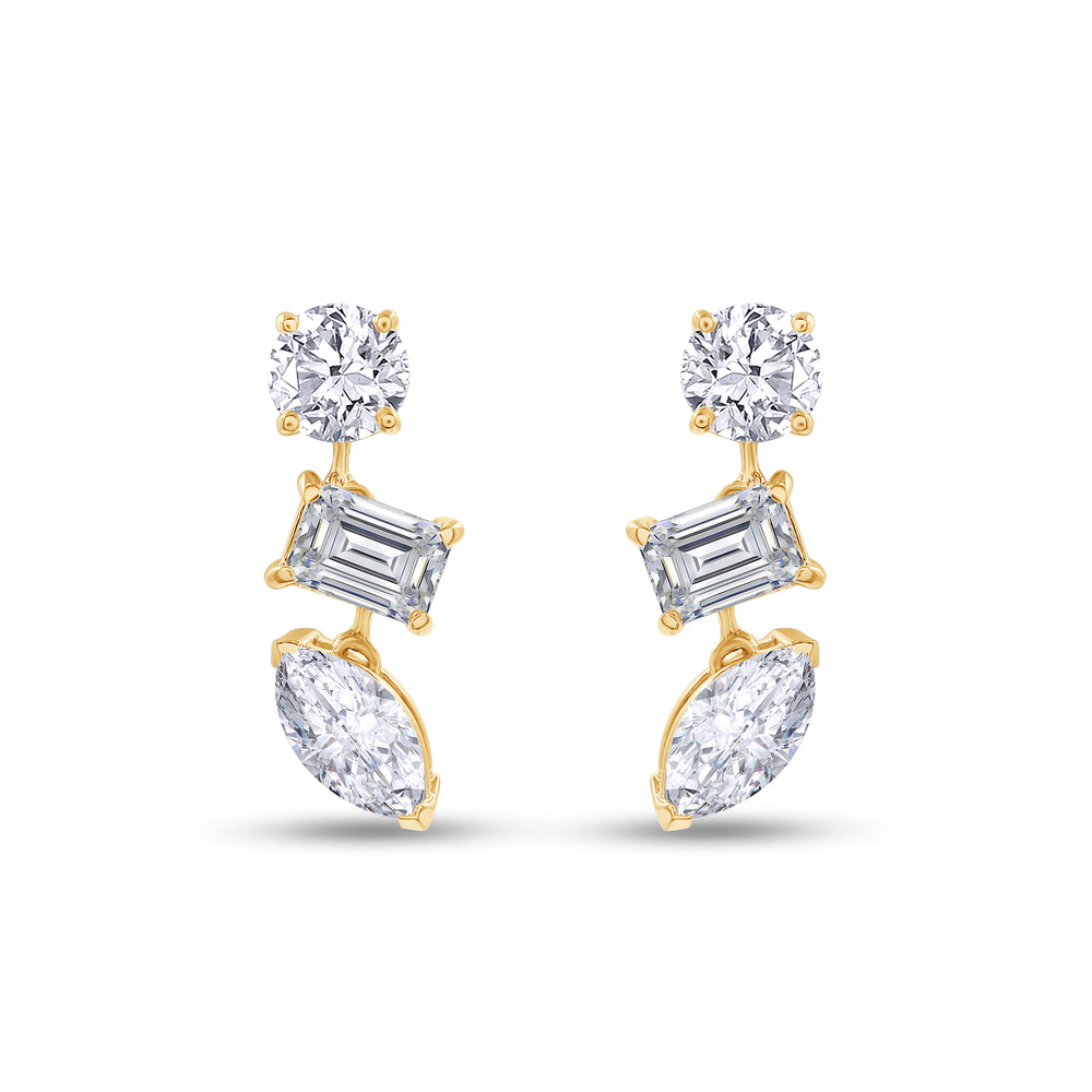 Multi-Shape Earrings For Women, 1.50 Carat Lab Grown Diamond 3-Stone Dangle Stud Earrings In 14K Solid Gold