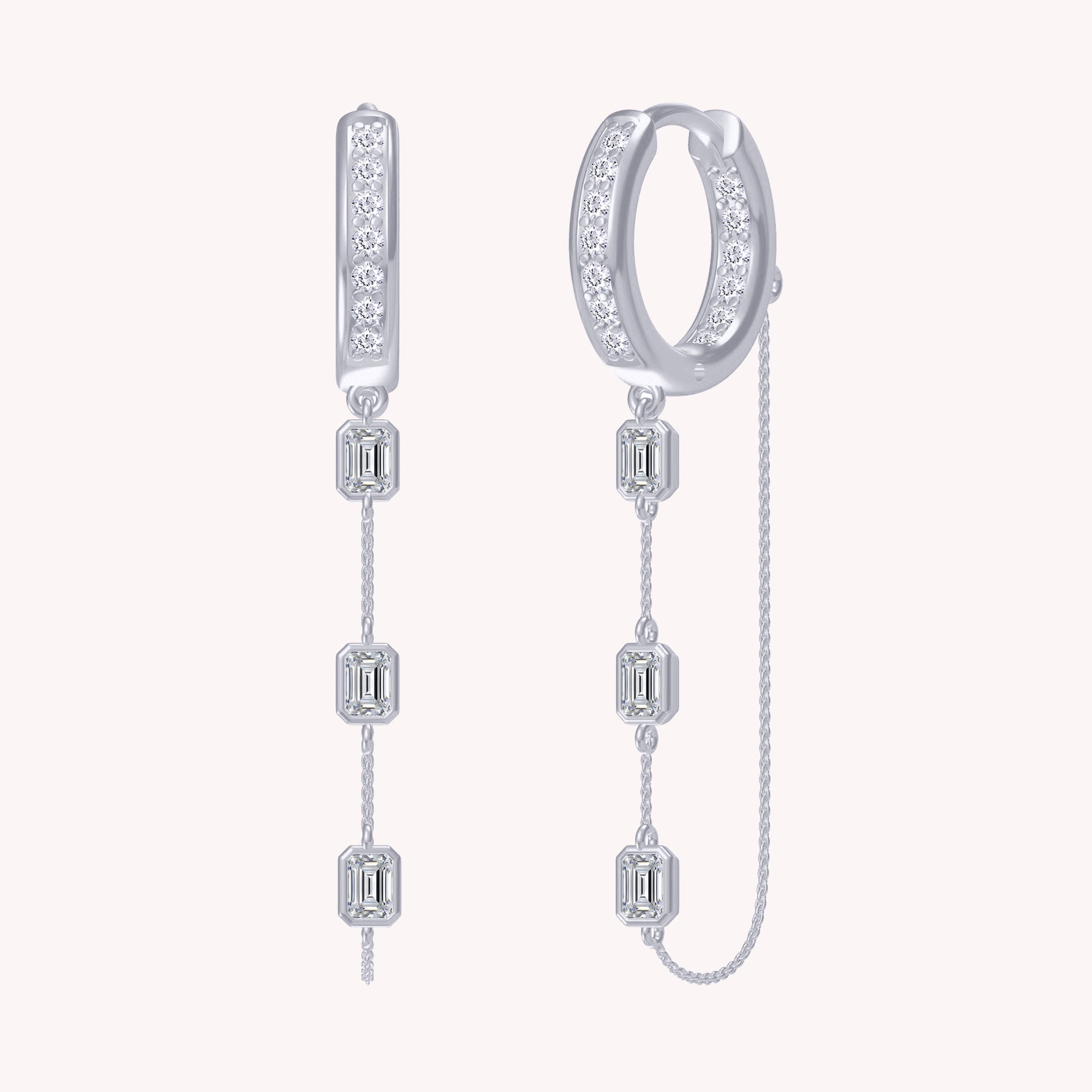 Hoop Chain Dangle Earring For Women Emerald & Round Lab Created Moissanite